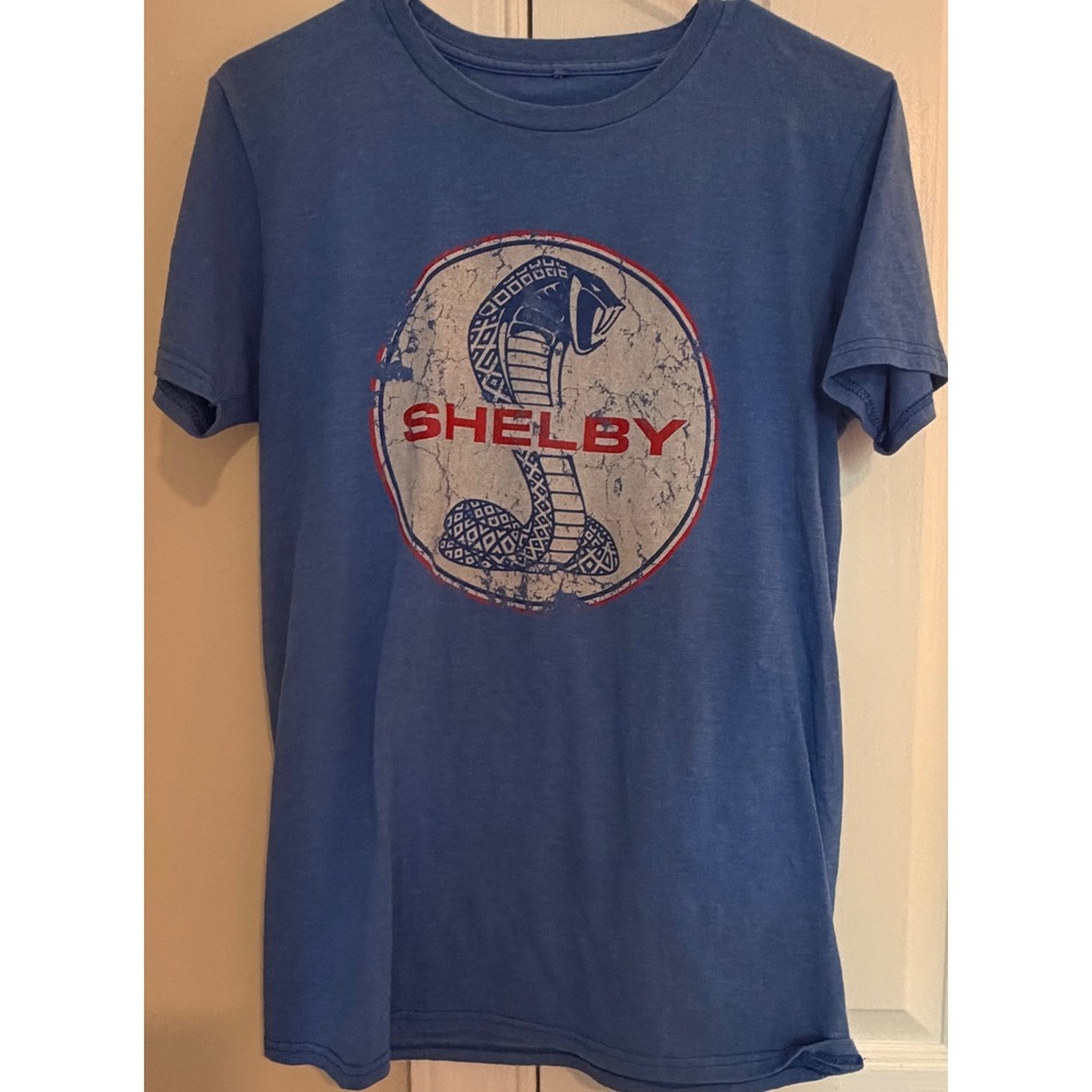 Shelby Cobra Graphic T-Shirt Blue Heather Distressed Snake Logo Medium